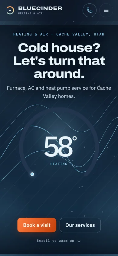 Bluecinder Heating & Air concept site on a phone.
