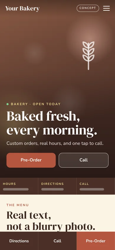 Concept bakery website design on a phone, with hours, directions, tap-to-call and a Pre-Order button.