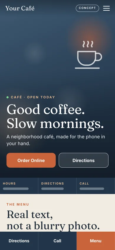 Concept café website design on a phone, with hours, directions, tap-to-call and an Order Online button.