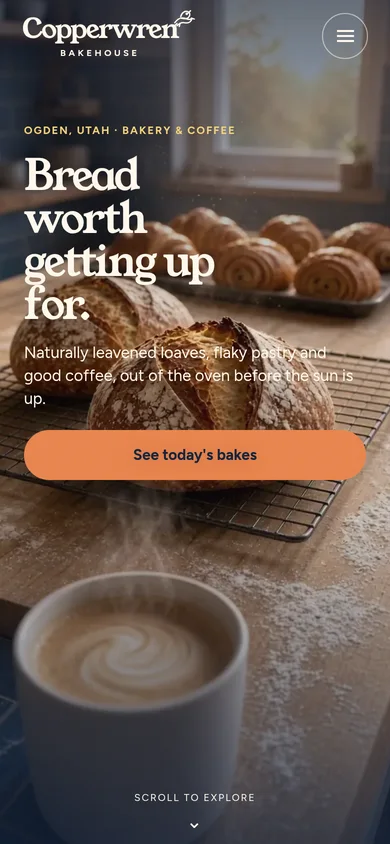 Copperwren Bakehouse concept site on a phone.