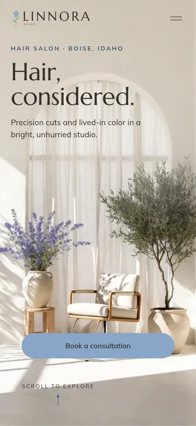 Linnora Salon concept site on a phone.