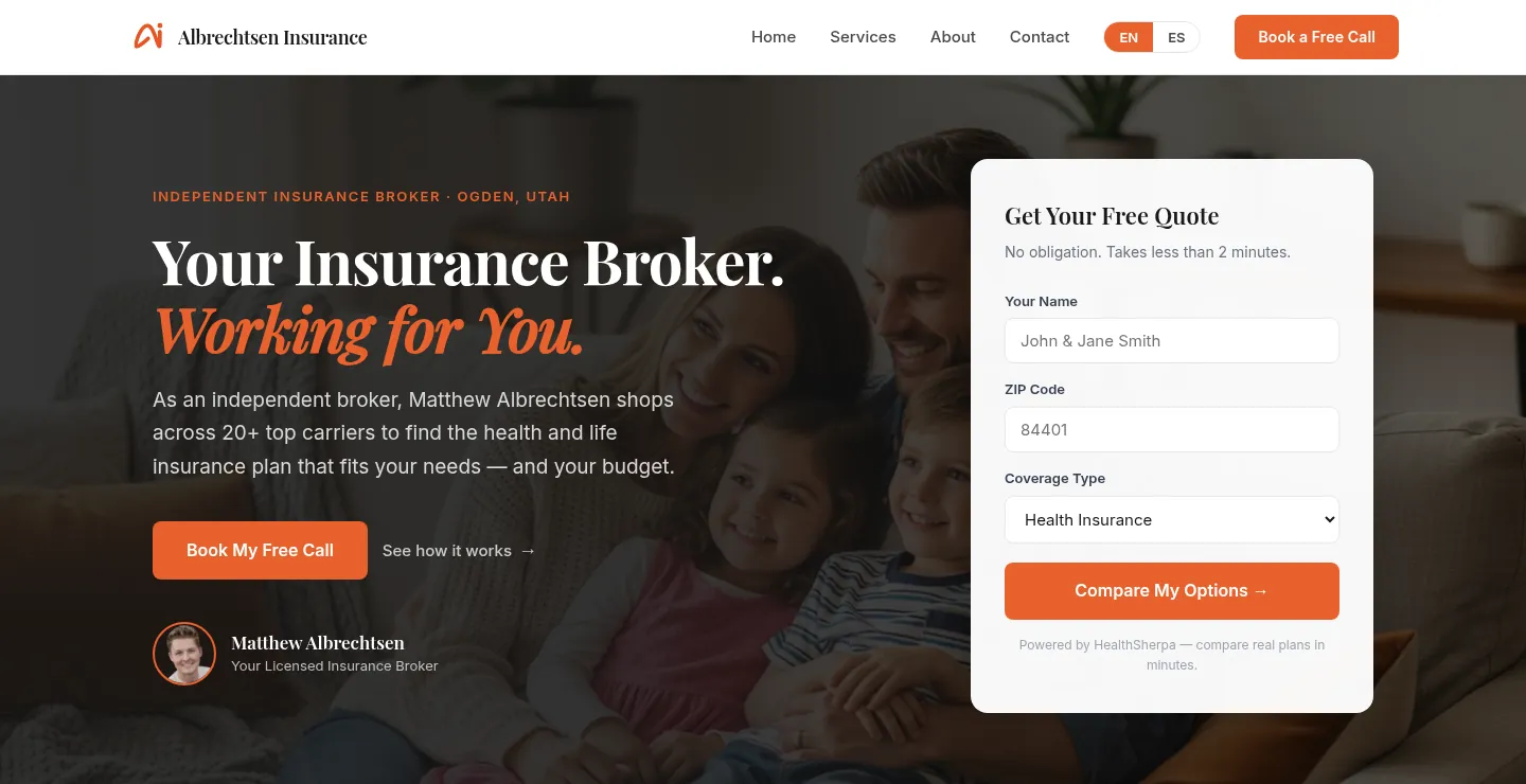 Albrechtsen Insurance website on a desktop: booking-first hero with Matthew Albrechtsen's photo and a Get Your Free Quote form.