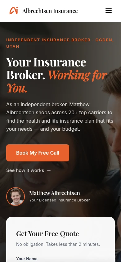 Albrechtsen Insurance website on a phone, with the headline Your Insurance Broker. Working for You. and a Book My Free Call button.