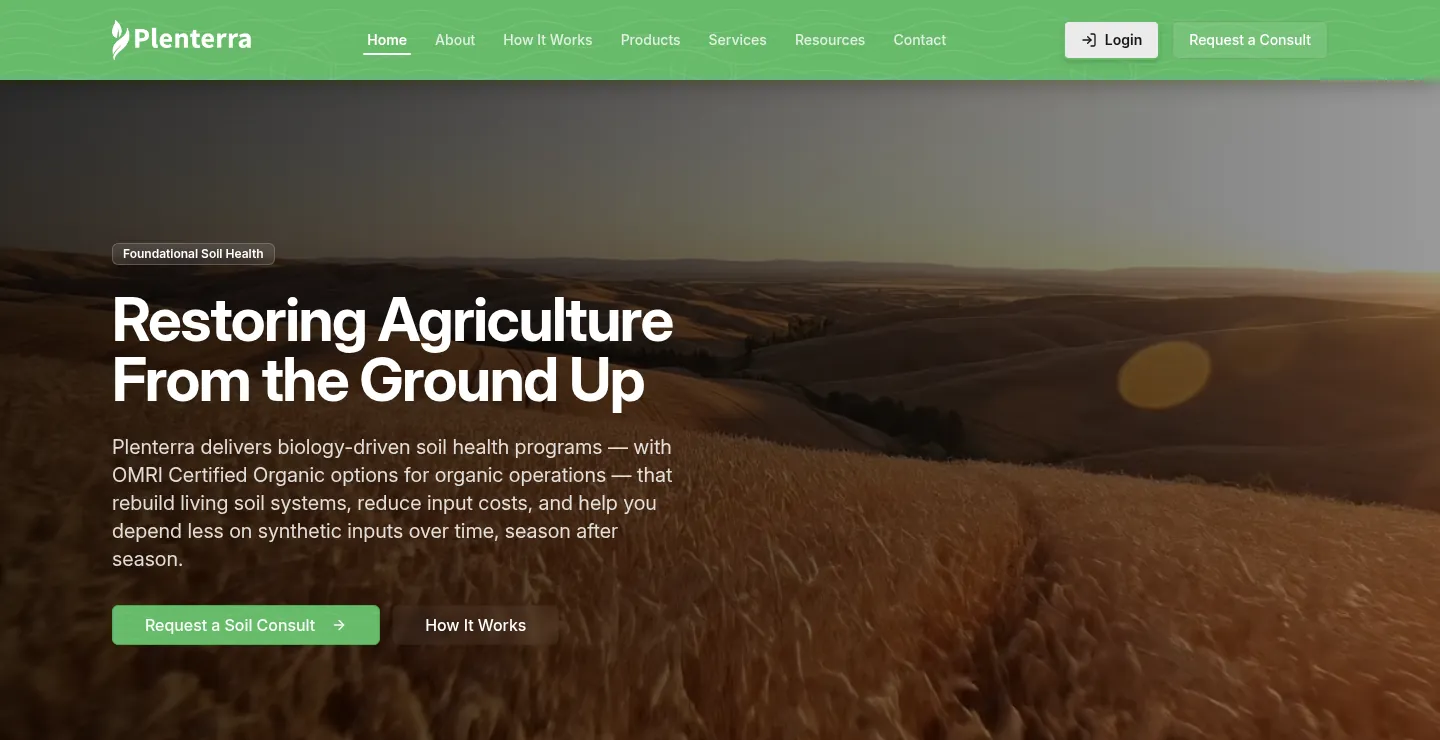 Plenterra website on a desktop: Restoring Agriculture From the Ground Up over a full-screen farmland video.
