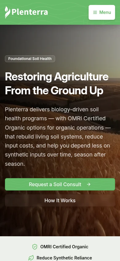 Plenterra website on a phone: full-screen farmland video hero with Request a Soil Consult and How It Works buttons.
